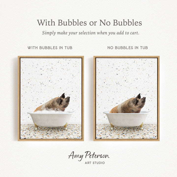 The image is a collage of two pictures, each featuring a dog in a bathtub. The dog in the bathtub has bubbles, while the other dog does not have bubbles. The collage is titled "With Bubbles or No Bubbles" and is created by Amy Peterson from Art Studio.