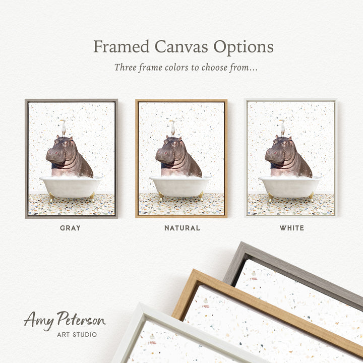 three framed canvas options featuring a hippopotamus in a bathtub, with three different frame colors to choose from: gray, natural, and white.