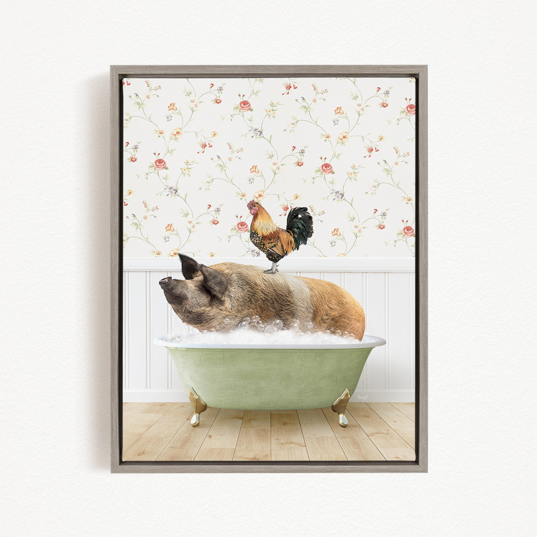 A pig is sitting in a green bathtub, with a rooster perched on its back, against a floral wallpaper backdrop.