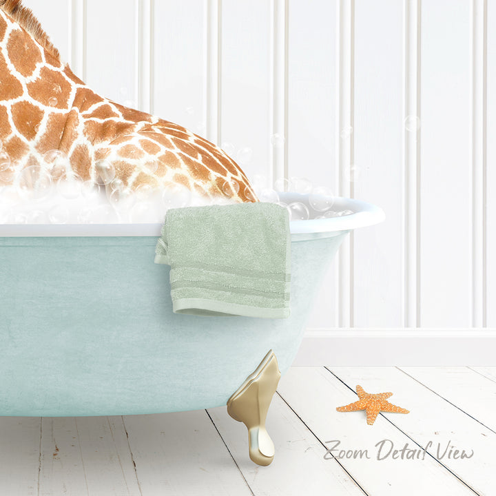 A giraffe is sitting in a light blue bathtub filled with water, with a green towel hanging on the side and a starfish on the floor next to the tub.