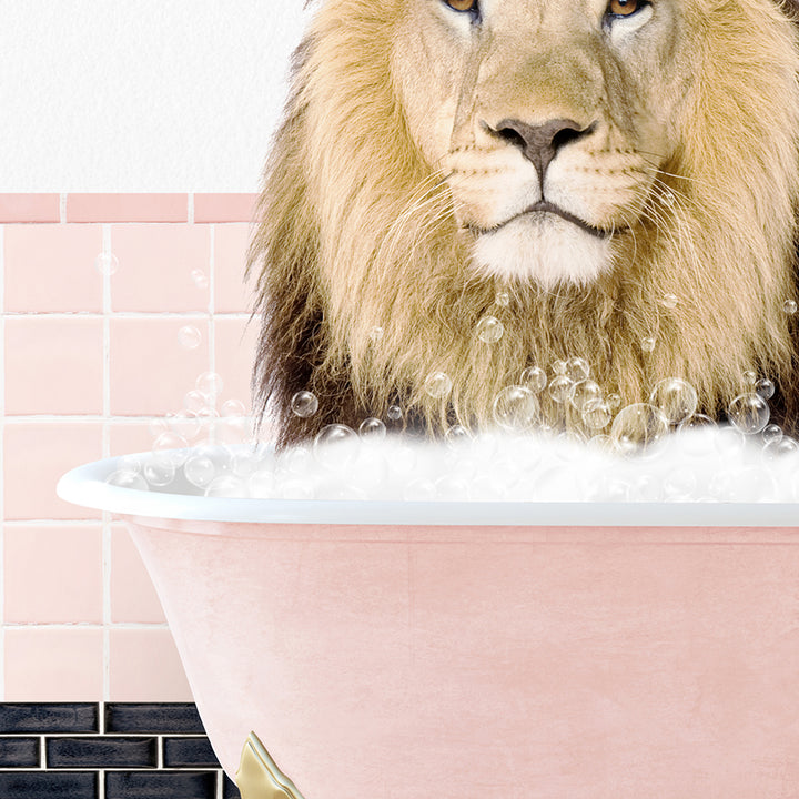 a lion sitting in a bathtub with bubbles