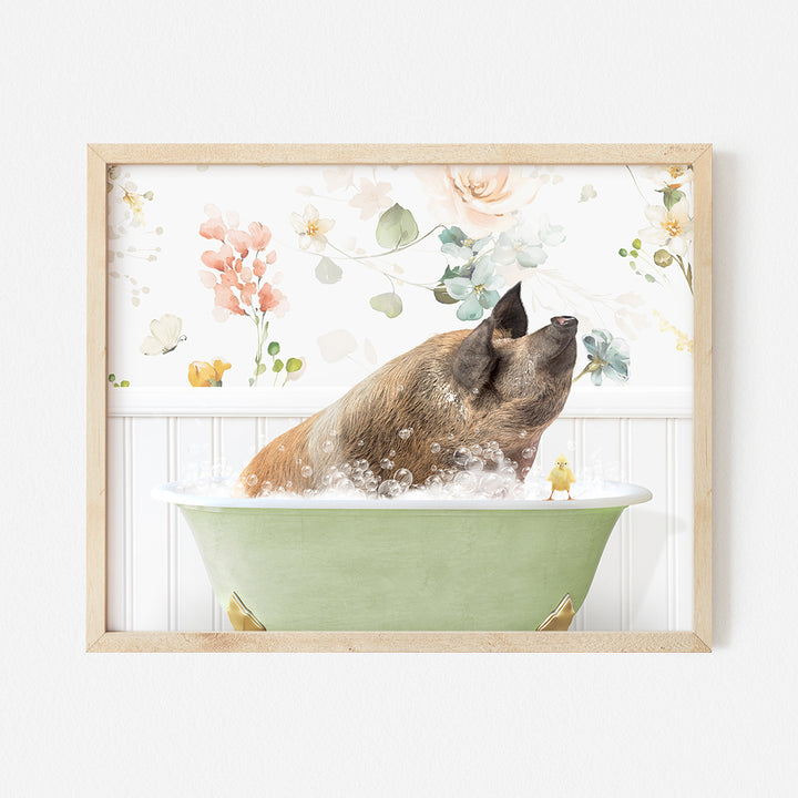 a dog taking a bath in a green bathtub