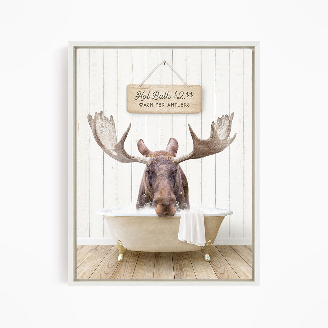 A moose with large antlers is sitting in a bathtub, with a sign above it that reads "Hot Bath $2.00 WASH YER ANTLERS".