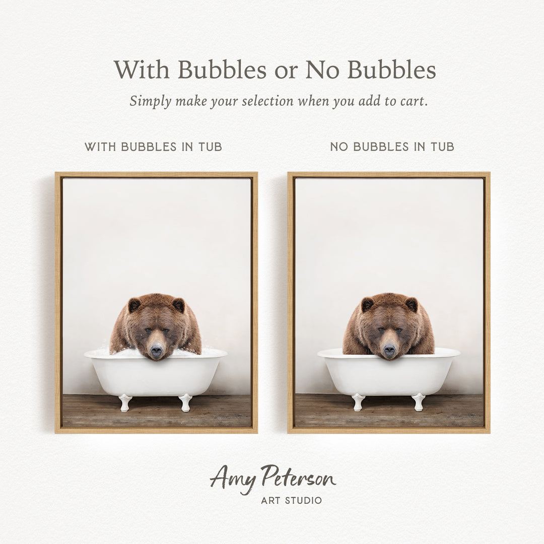 The image is a collage of two pictures featuring a bear sitting in a tub. The bear is brown and appears to be resting or sleeping in the tub. The collage includes a frame with the text "With Bubbles or No Bubbles" and "No Bubbles in Tub" to indicate the bathing experience for the bear.