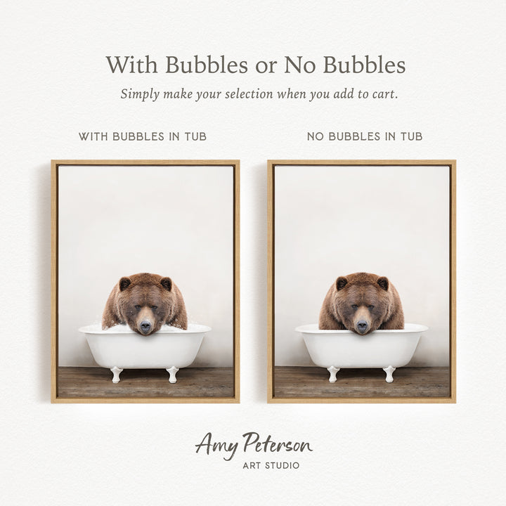 The image is a collage of two pictures featuring a bear sitting in a tub. The bear is brown and appears to be resting or sleeping in the tub. The collage includes a frame with the text "With Bubbles or No Bubbles" and "No Bubbles in Tub" to indicate the bathing experience for the bear.