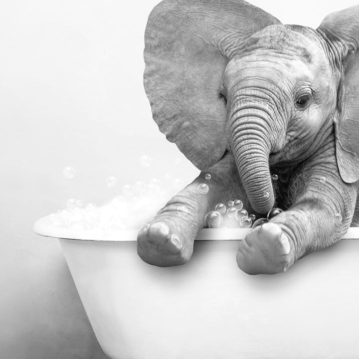 a black and white photo of an elephant in a bathtub