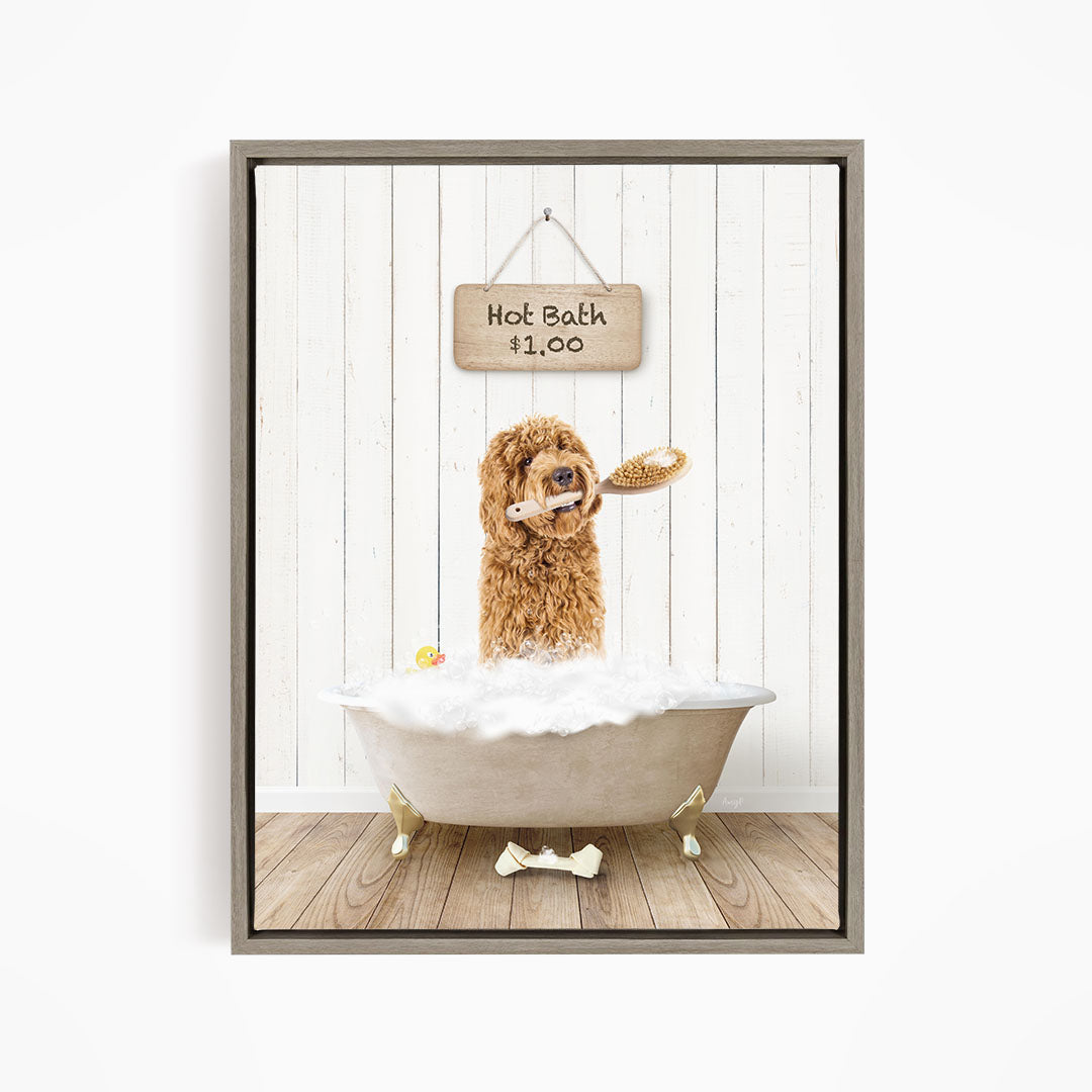 A brown dog is sitting in a white bathtub filled with bubbles, with a sign above the tub that reads "Hot Bath $1.00".
