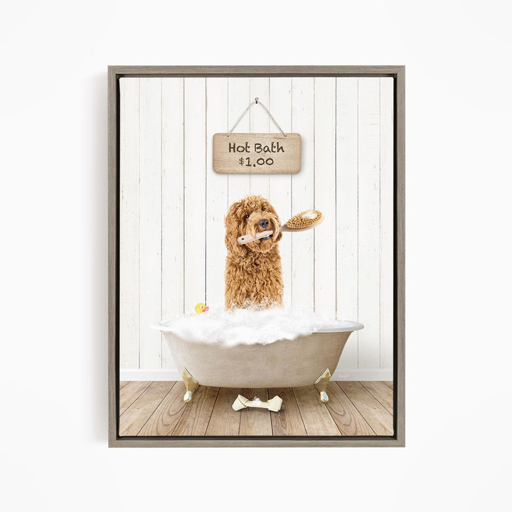 A brown dog is sitting in a white bathtub filled with bubbles, with a sign above the tub that reads "Hot Bath $1.00".