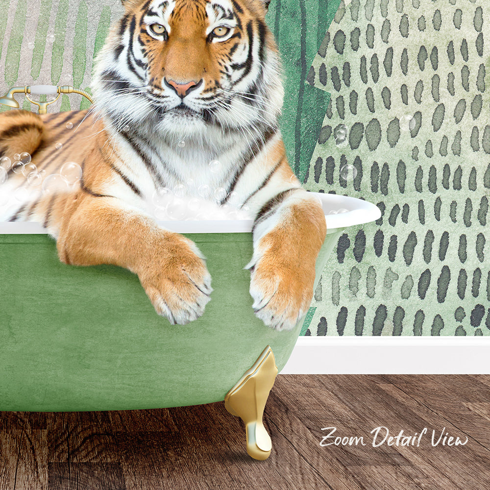 A tiger is sitting in a green bathtub, with its front paws resting on the side of the tub.