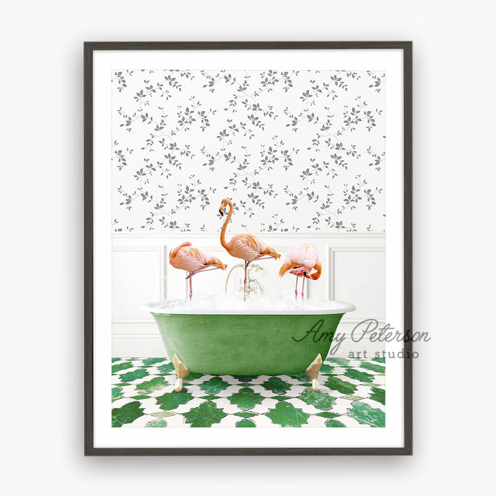 three flamingos in a green bathtub with a floral wallpaper