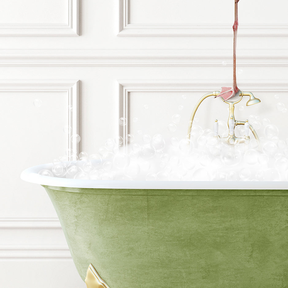 a bath tub filled with foam and a flower