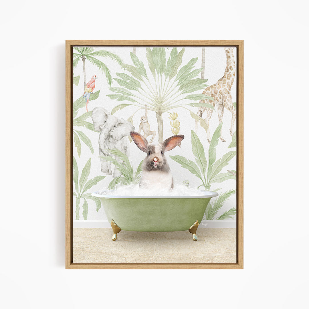 A rabbit sitting in a green bathtub filled with water, surrounded by various animals such as a giraffe, parrot, and monkey, all set against a tropical jungle backdrop.
