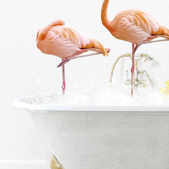 two flamingos standing in a bathtub with bubbles