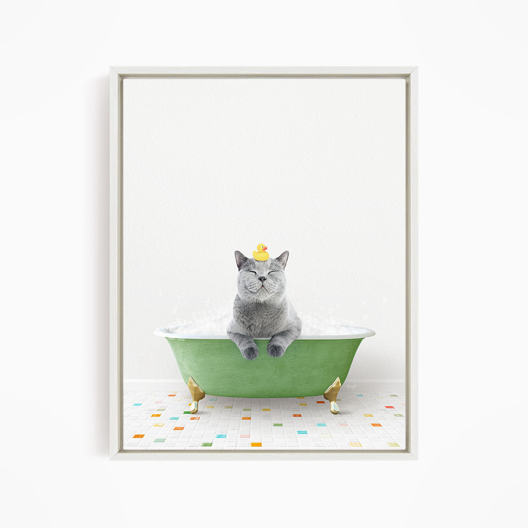 A gray cat sitting in a green bathtub, with a yellow rubber duck perched on its head.