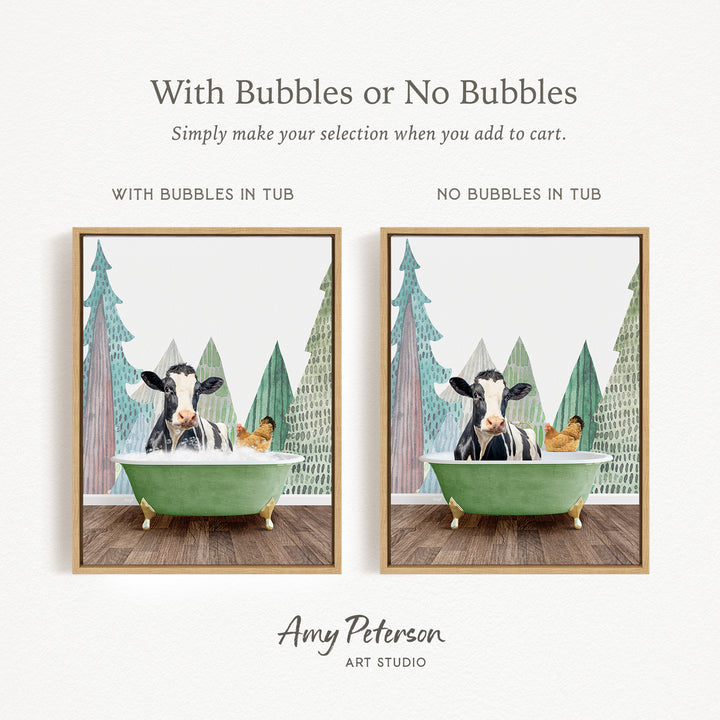 The image is a collage of two pictures, each depicting a cow sitting in a bathtub. The cow in the first picture has bubbles in the tub, while the cow in the second picture does not have bubbles. The collage is titled "With Bubbles or No Bubbles" and is created by Amy Peterson from Art Studio.
