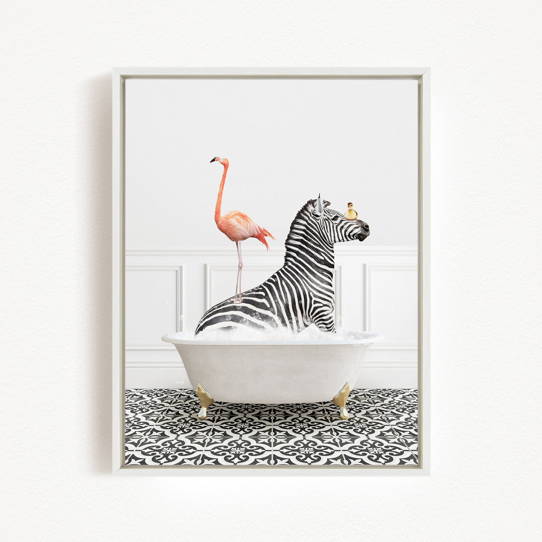 A zebra sitting in a bathtub, with a pink flamingo standing on its back and a bird perched on its head.