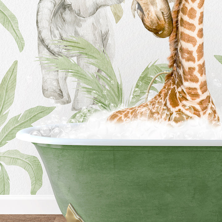 a giraffe and a baby giraffe in a bathtub