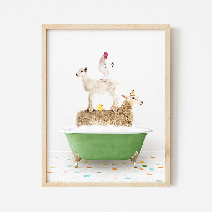 a picture of a sheep and two lambs in a bathtub