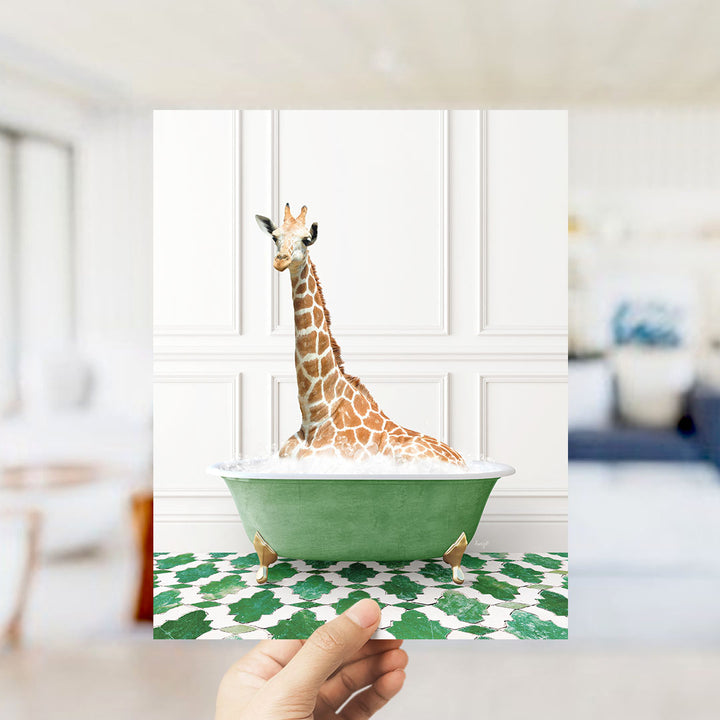 A giraffe sitting in a green bathtub filled with bubbles, surrounded by a patterned floor.
