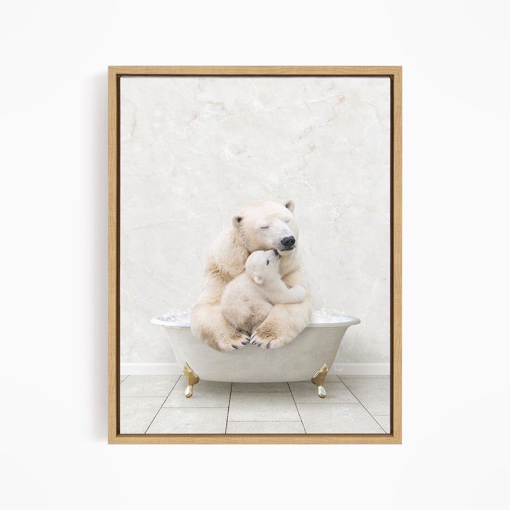 A polar bear cub sitting in a white bathtub, with its mother sitting on top of it.