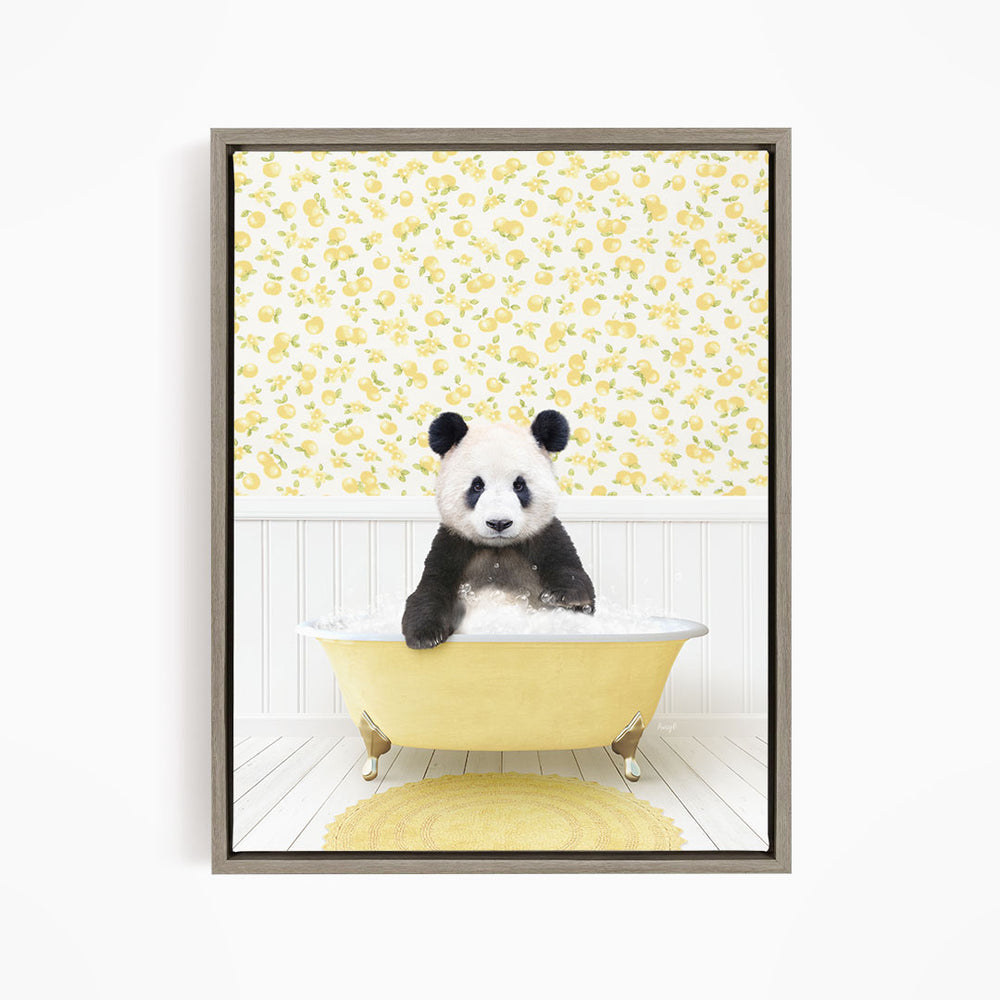 A panda bear sitting in a yellow bathtub, surrounded by a yellow floral wallpaper.