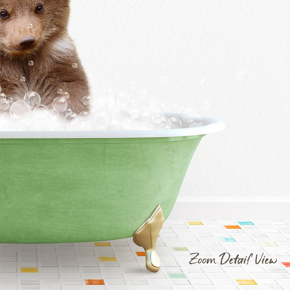 A cute brown bear is sitting in a green bathtub filled with bubbles, creating a whimsical and playful scene.