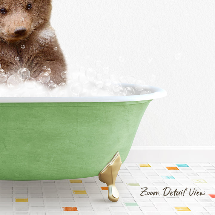 A cute brown bear is sitting in a green bathtub filled with bubbles, creating a whimsical and playful scene.