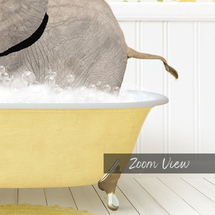 A close-up of a yellow bathtub filled with bubbles, with a gray elephant standing inside it.