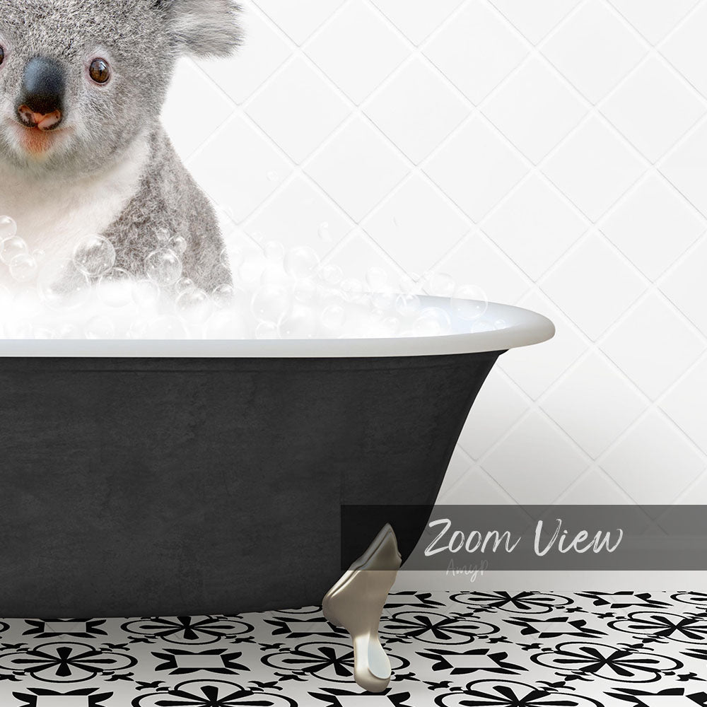 A koala sitting in a bathtub filled with bubbles, with a text overlay that reads "Zoom View"