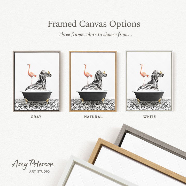 three framed canvas options, each featuring a different color and frame style. The options include a gray frame, a natural frame, and a white frame. The text above the options reads " Framed Canvas Options" and "Three frame colors to choose from...".