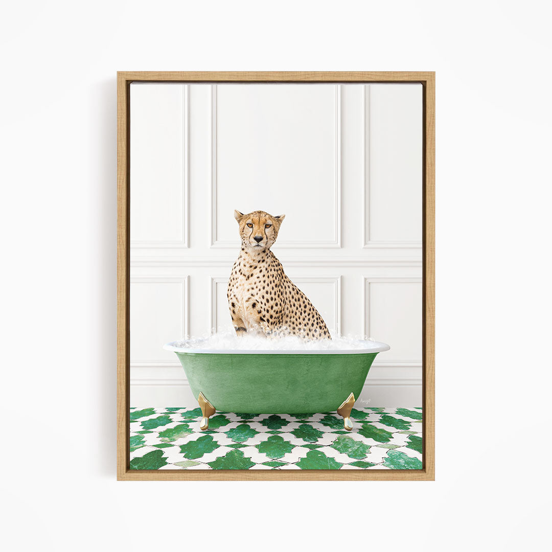A cheetah sitting in a green bathtub filled with water, surrounded by a green and white patterned floor.