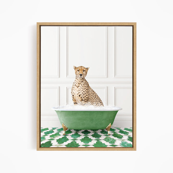 A cheetah sitting in a green bathtub filled with water, surrounded by a green and white patterned floor.
