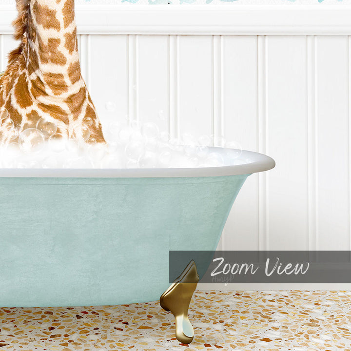 A giraffe standing in a light blue bathtub filled with water, with a text overlay that reads "Zoom View".