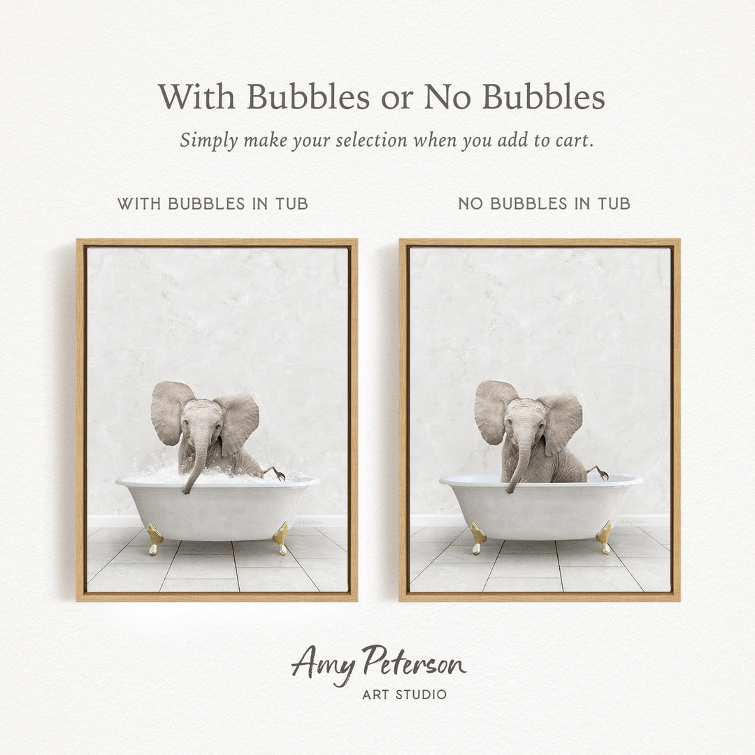 The image is a collage of two pictures, each featuring an elephant sitting in a bathtub. The elephant in the bathtub has bubbles, while the elephant in the other bathtub does not have bubbles. The collage is titled "With Bubbles or No Bubbles" and is created by Amy Peterson from Art Studio.
