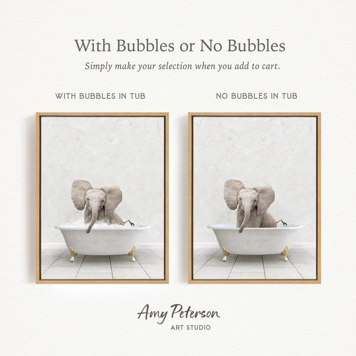 The image is a collage of two pictures, each featuring an elephant sitting in a bathtub. The elephant in the bathtub has bubbles, while the elephant in the other bathtub does not have bubbles. The collage is titled "With Bubbles or No Bubbles" and is created by Amy Peterson from Art Studio.