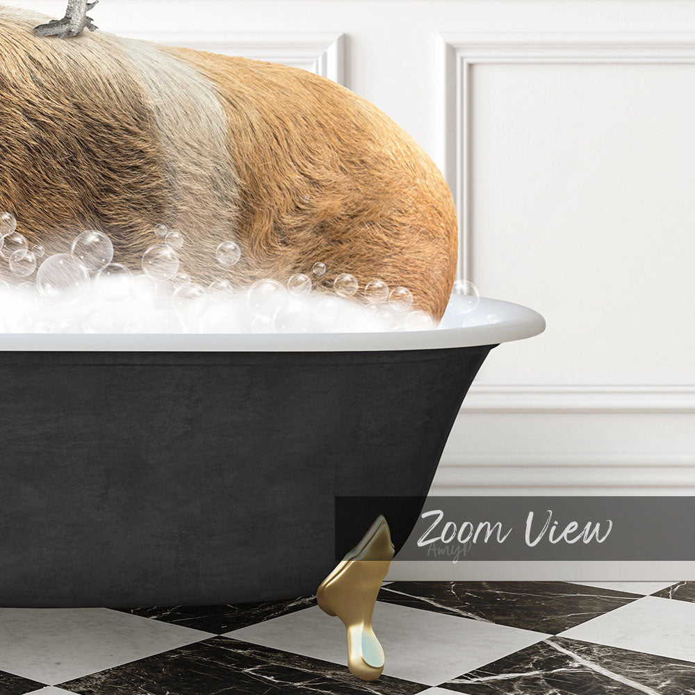 A dog is sitting in a bathtub filled with bubbles, with a gold bathtub faucet and a black and white checkered floor visible in the image.