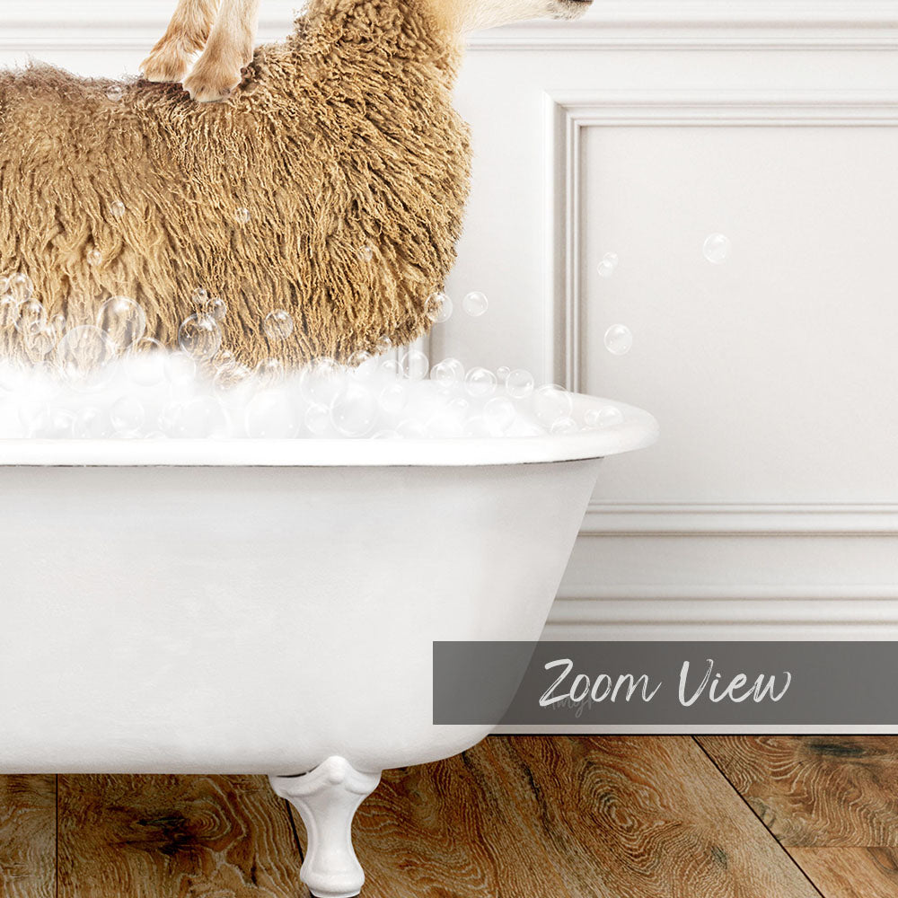 A fluffy brown sheep is standing in a white bathtub filled with bubbles, creating a playful and whimsical scene.