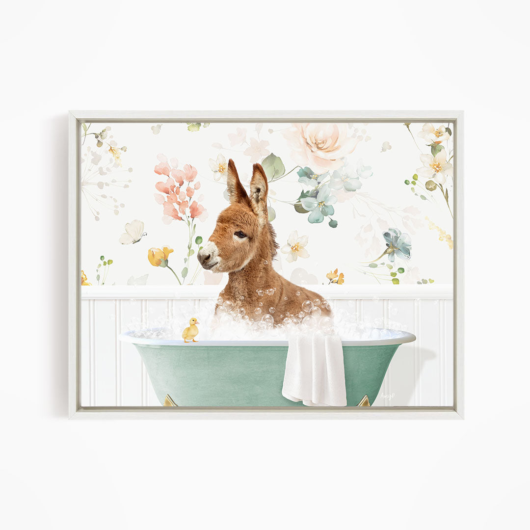 A brown rabbit sitting in a green bathtub filled with bubbles, surrounded by a floral pattern.