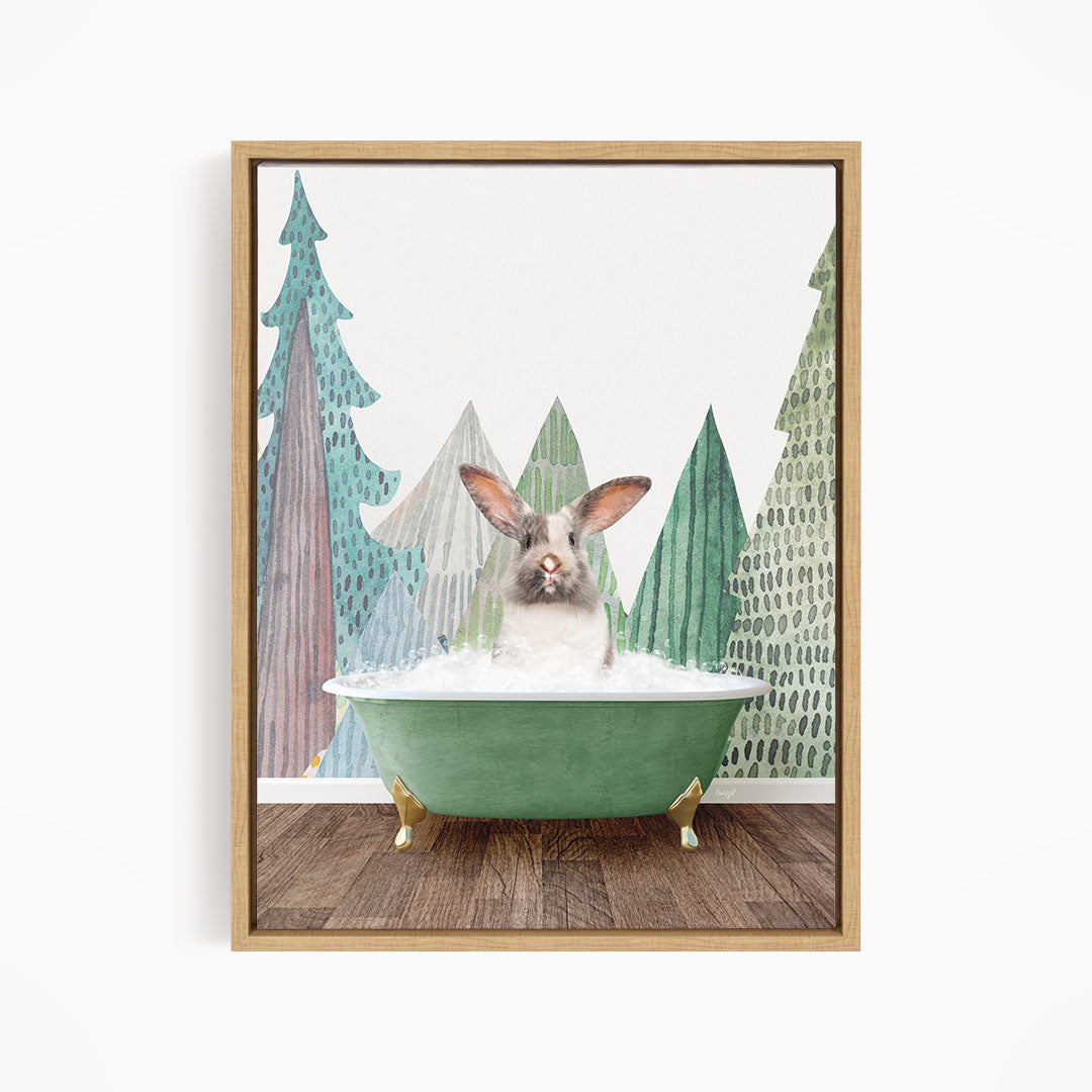 A rabbit sitting in a green bathtub, surrounded by a forest scene with trees and pine trees.