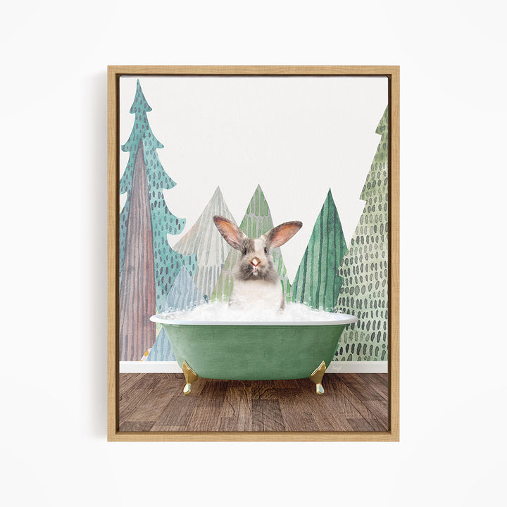 A rabbit sitting in a green bathtub, surrounded by a forest scene with trees and pine trees.