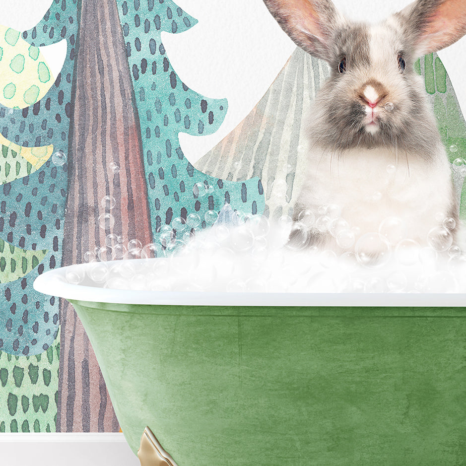 a rabbit sitting in a bathtub filled with foam