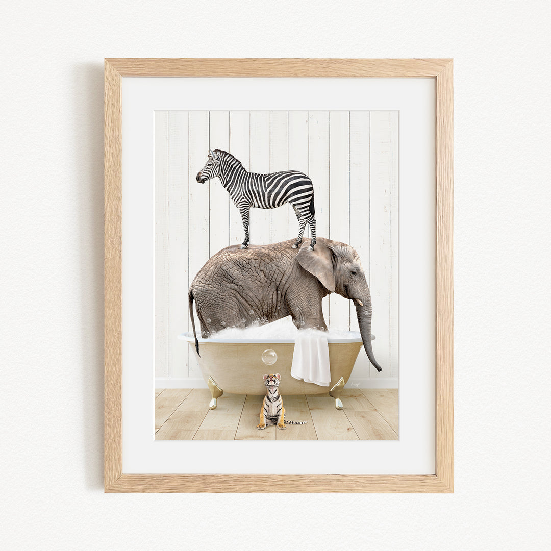 A zebra stands on the back of an elephant, which is sitting in a bathtub, with a tiger sitting nearby.