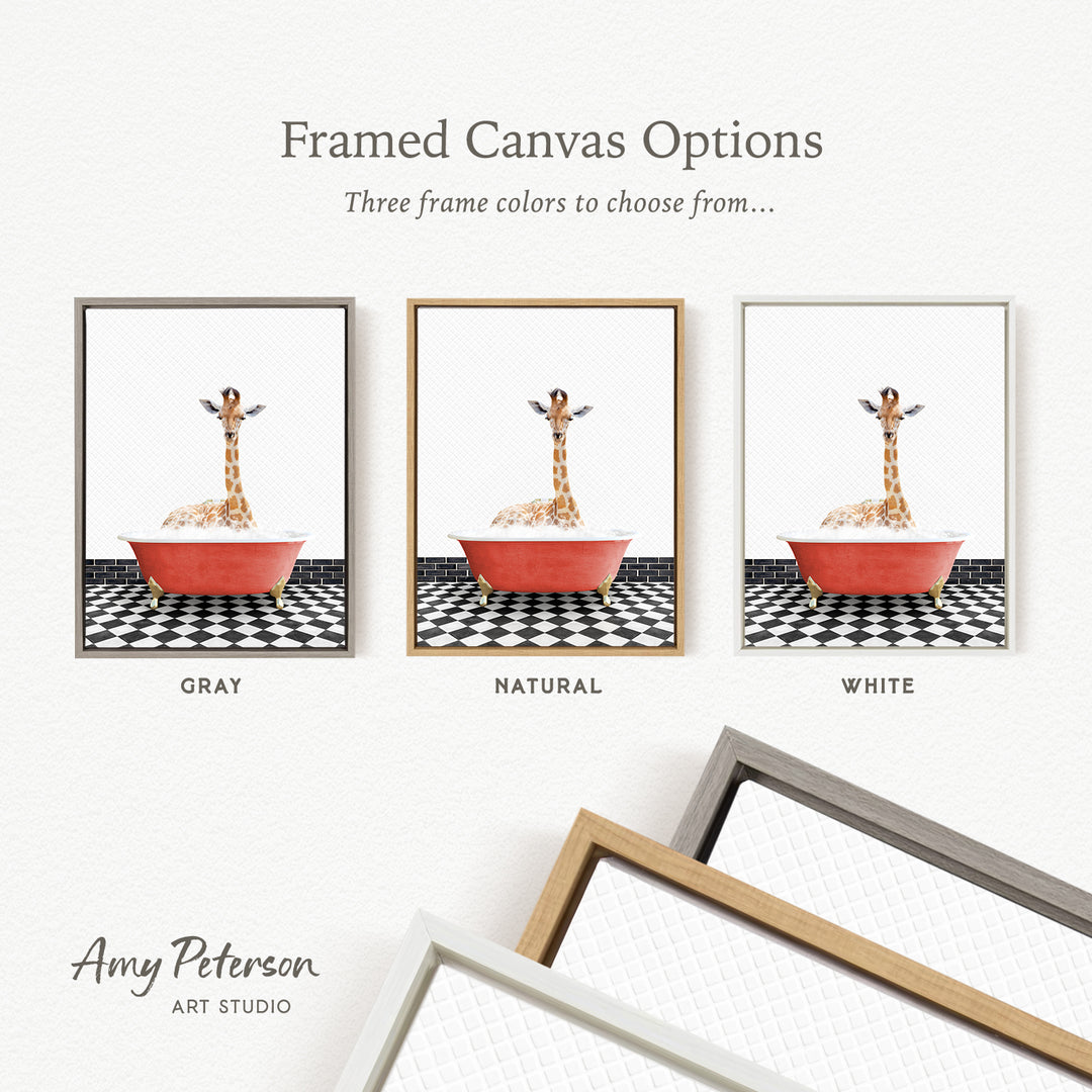 three framed canvas options, each featuring a giraffe in a bathtub. The options include a gray frame, a natural frame, and a white frame. The text above the images reads " Framed Canvas Options" and "Three frame colors to choose from...".