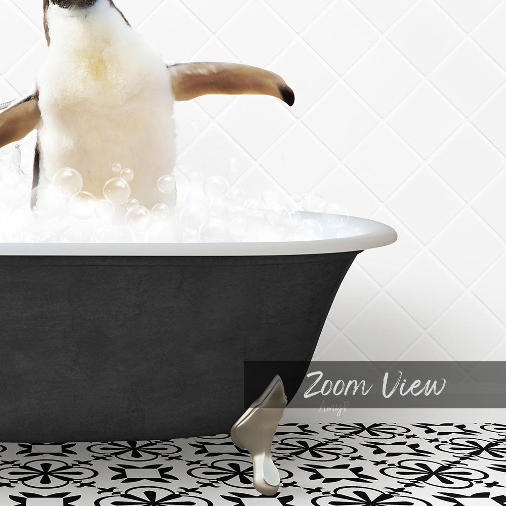 A penguin standing in a bathtub filled with bubbles, with a text overlay that reads "Zoom View".