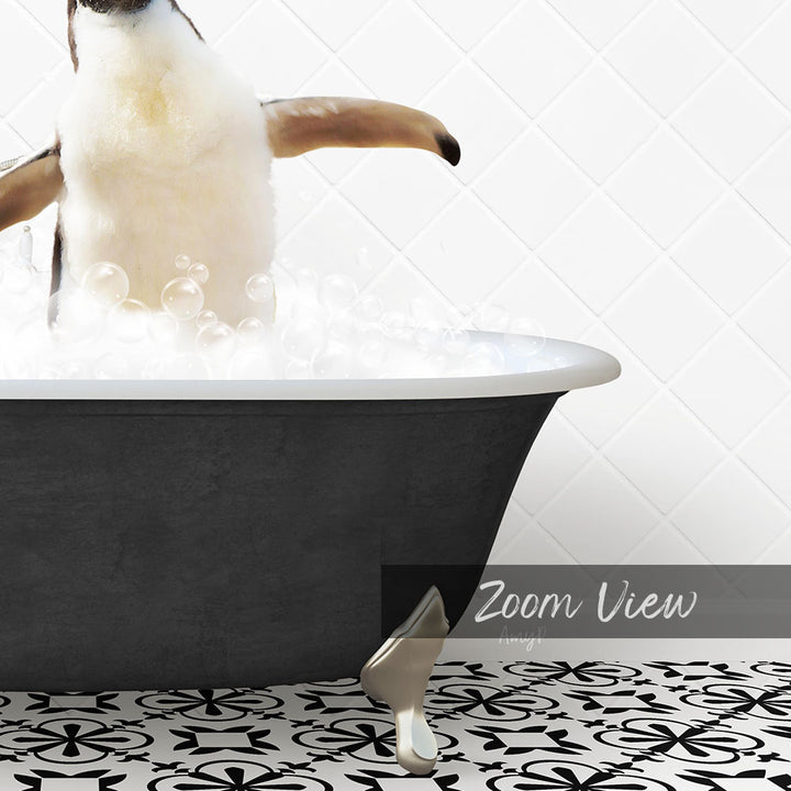 A penguin standing in a bathtub filled with bubbles, with a text overlay that reads "Zoom View".