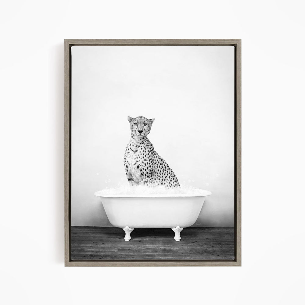 A cheetah sitting in a bathtub filled with water, creating a striking and unusual scene.