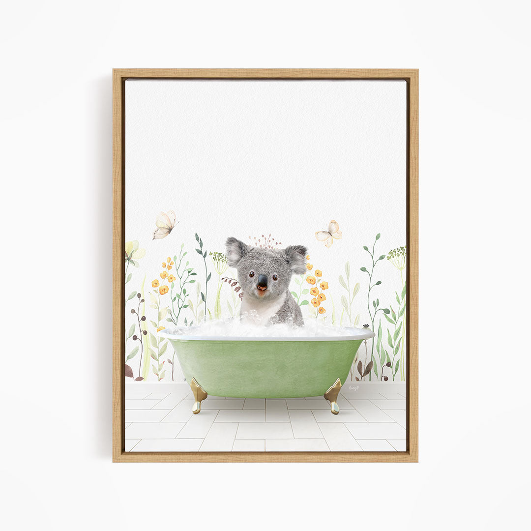 A koala bear sitting in a green bathtub filled with bubbles, surrounded by flowers and butterflies.