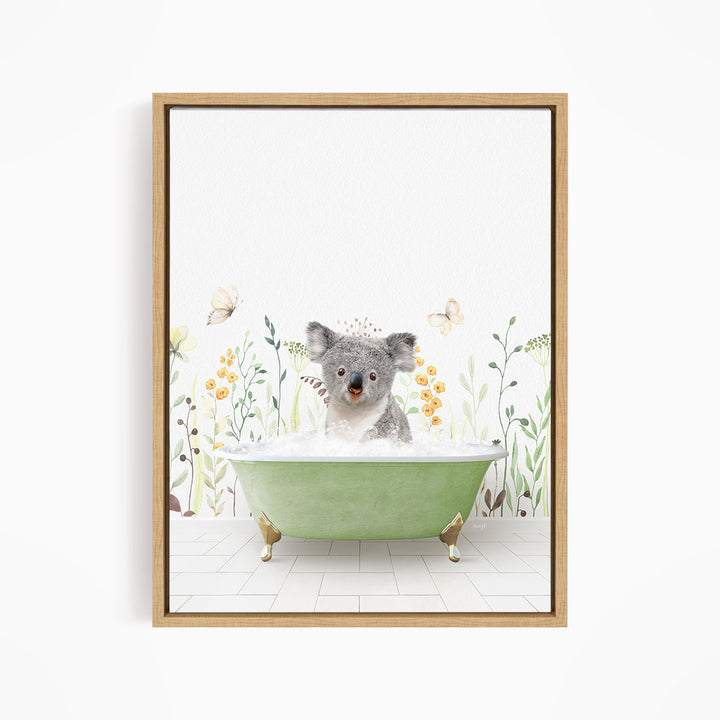 A koala bear sitting in a green bathtub filled with bubbles, surrounded by flowers and butterflies.