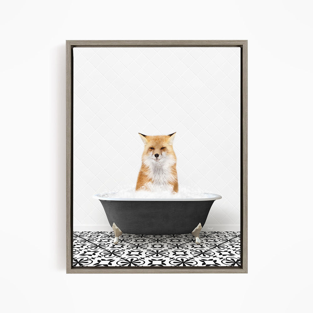 A red fox is sitting in a bathtub filled with water, looking directly at the camera.