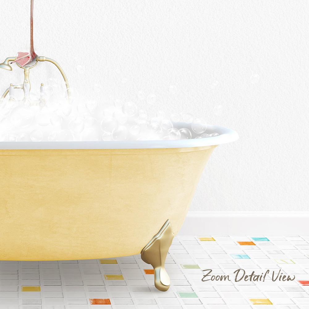 A yellow clawfoot bathtub filled with bubbles, with a text overlay that reads "Zoom Detail View".